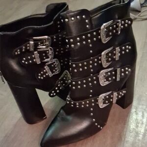 Black Heeled Boots with Studded Straps and Block Heel